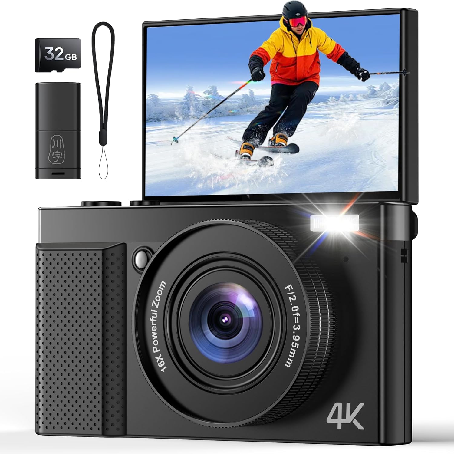 4K Digital Camera 64MP AutoFocus Photo Camera: 16X Digital Zoom 180° Folding 3IPS Screen 32GB Card for Vlog - Black Camera - Gift Beginners Teenagers Kids