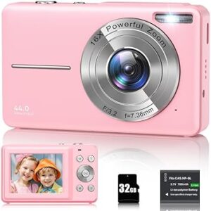 Digital Camera 1080P 44MP Photo Camera 16X Digital Zoom Camera, Vlogging Camera Compact Camera with 2.4 Inch LCD Screen, 32G Micro Memory Card, 1 Battery for Children,...