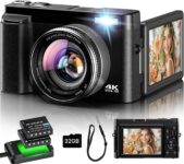 Digital Camera 4K, 16X Autofocus Digital Zoom Camera, 48MP 3 Inch 180° Foldable LCD Screen HD Compact Vlog Camera with Charging Station, 2 Batteries, 32GB Card, Suitable for...