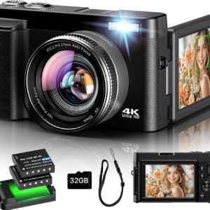 Digital Camera 4K, 16X Autofocus Digital Zoom Camera, 48MP 3 Inch 180° Foldable LCD Screen HD Compact Vlog Camera with Charging Station, 2 Batteries, 32GB Card, Suitable for...