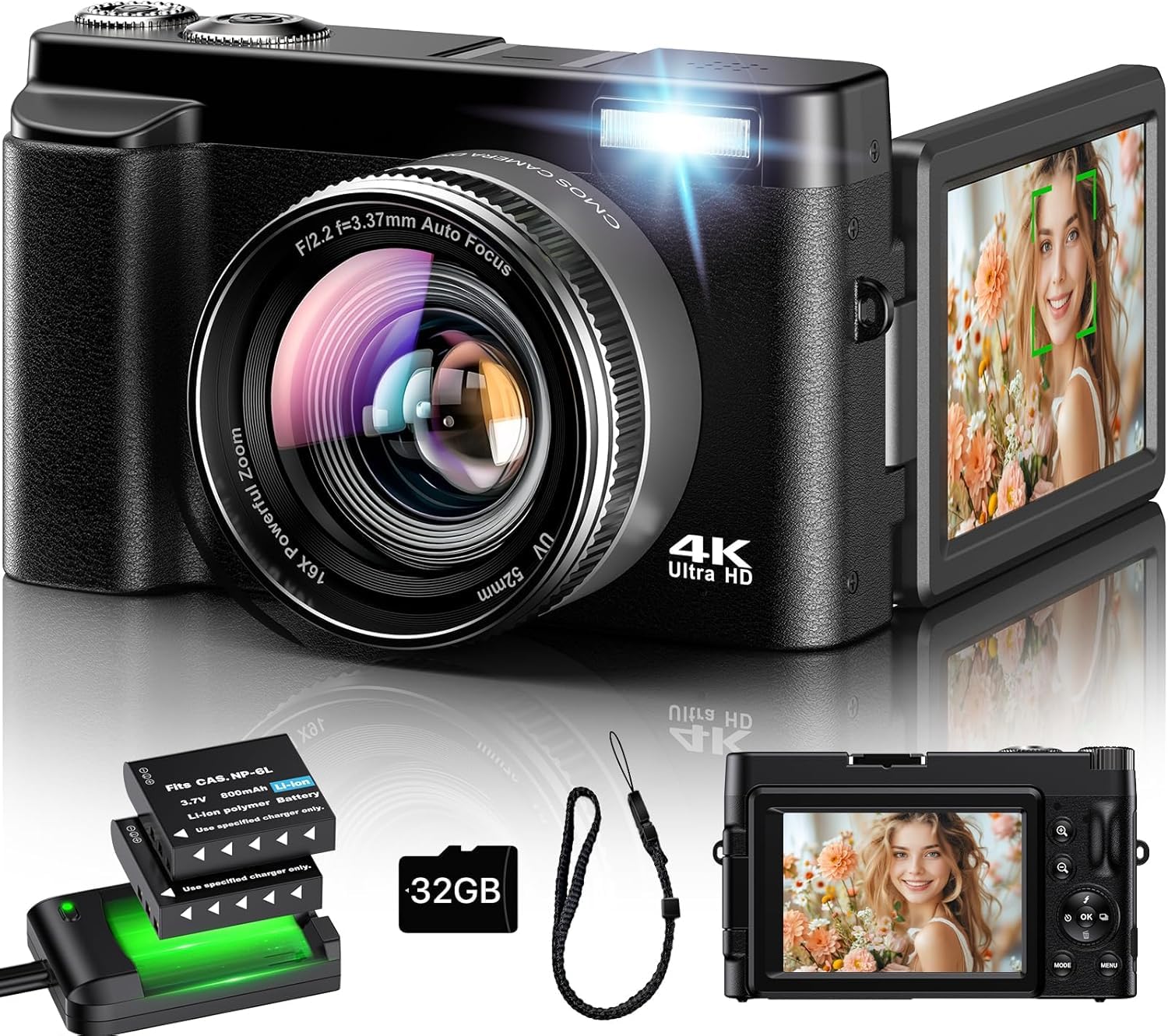 Digital Camera 4K, 16X Autofocus Digital Zoom Camera, 48MP 3 Inch 180° Foldable LCD Screen HD Compact Vlog Camera with Charging Station, 2 Batteries, 32GB Card, Suitable for...