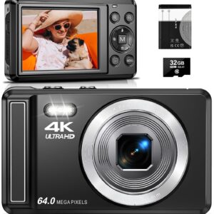 Digital Camera 4K 64MP, 2.8 Inch UHD Autofocus Camera Photo Camera, 32GB Card & Battery, 16X Digital Zoom Rechargeable Portable Compact Cameras for Beginners Teenagers