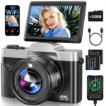 Digital Camera, 4K 64MP Autofocus Camera with WiFi, 3 Inch 180° Folding Screen Digital Camera with 32GB Card, Charging Station, 2 Batteries Camera, Compact Camera for Beginners,...