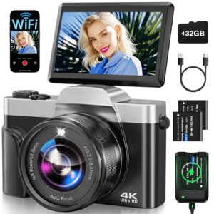 Digital Camera, 4K 64MP Autofocus Camera with WiFi, 3 Inch 180° Folding Screen Digital Camera with 32GB Card, Charging Station, 2 Batteries Camera, Compact Camera for Beginners,...