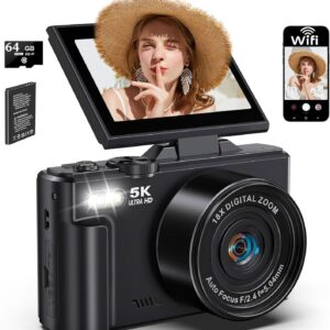 Digital Camera 5K 75MP Camera Photo Camera and Vlogging with WiFi, 64GB Card, 18X Digital Zoom, 3.0 Inch LCD 180° Compact Camera for Travel, YouTube, Beginners and Adults (Black)